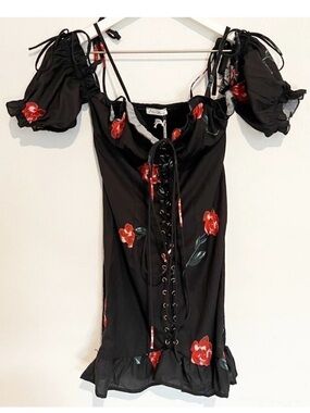 Starlow Senorita Dress Size XS Black Floral Smocked Milkmaid‎ Mini Dark Coquette